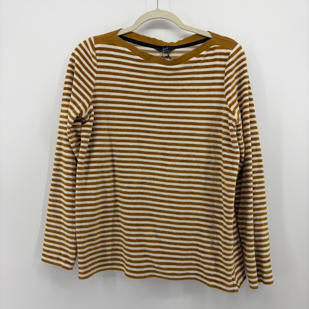 Joules Womens Size 8 Ochre Yellow White Striped Long Sleeve Boat Neck Sweater